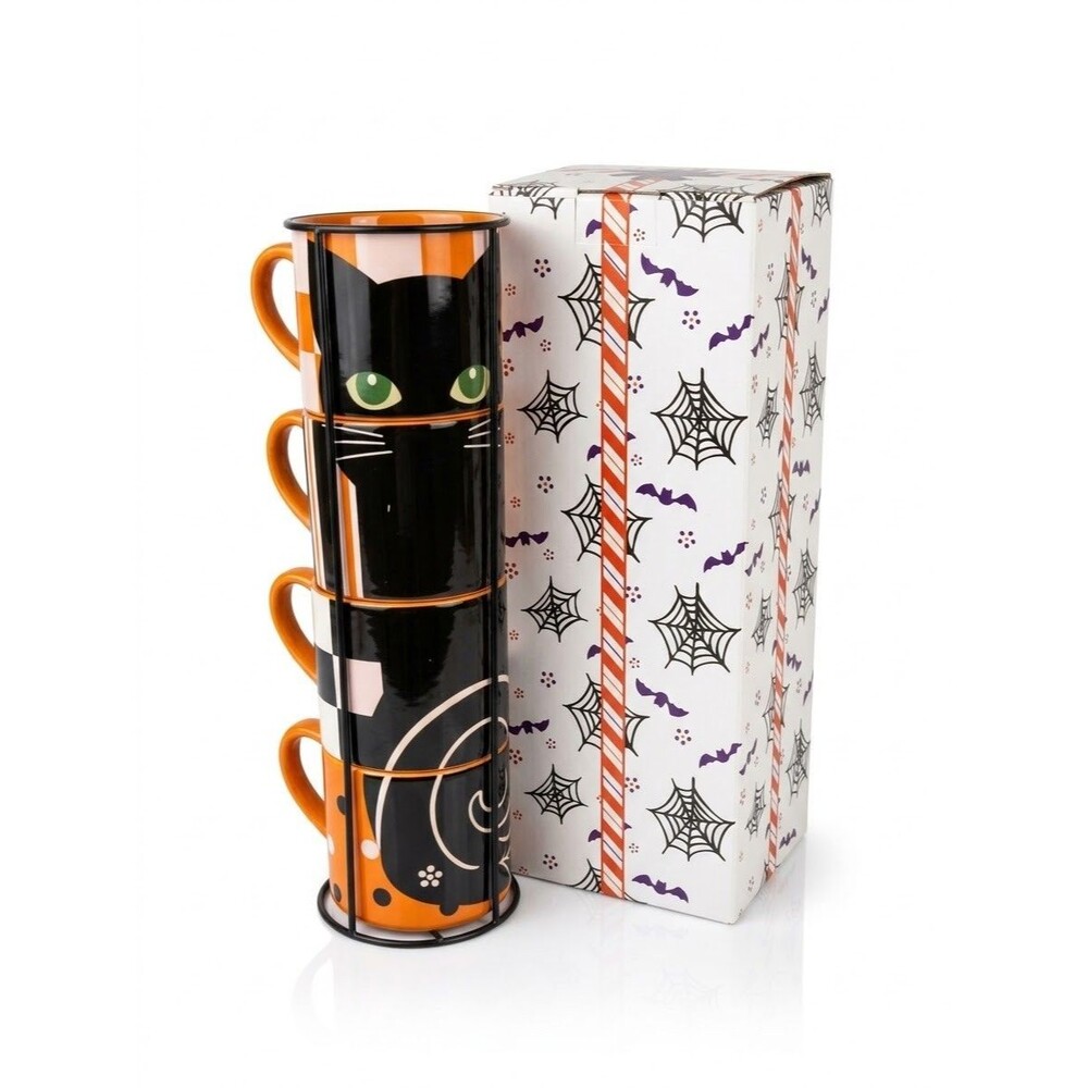 Temp-tations Halloween Ghost Stacking Mug Set of 4 Metal Rack 14 oz New in Box